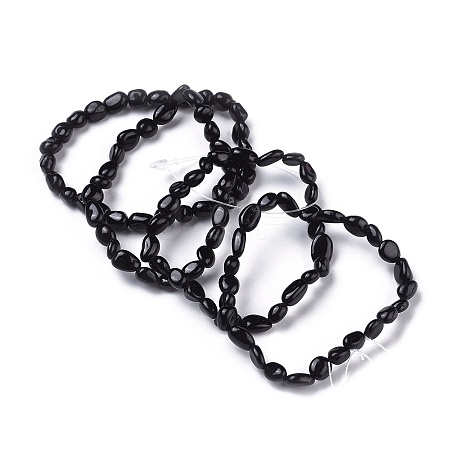 Natural Black Tourmaline Bead Stretch Bracelets X-BJEW-K213-36-1