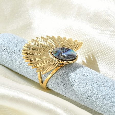 Flower 304 Stainless Steel Paua Shell Finger Rings for Women RJEW-G346-11G-01-1