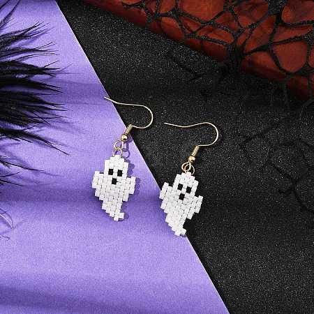 Halloween Theme Ghost Handmade Glass Seed Beaded Dangle Earrings EJEW-MZ00478-1