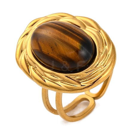 Oval Natural Tiger Eye Finger Rings RJEW-Q822-06G-1