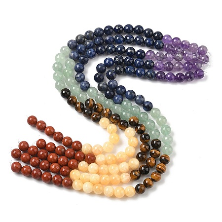 Chakra Natural Red Jasper & Yellow Jade & Green Aventurine & Tiger Eye & Sodalite & Amethyst Beads Strands G-NH0002-E02-10mm-1