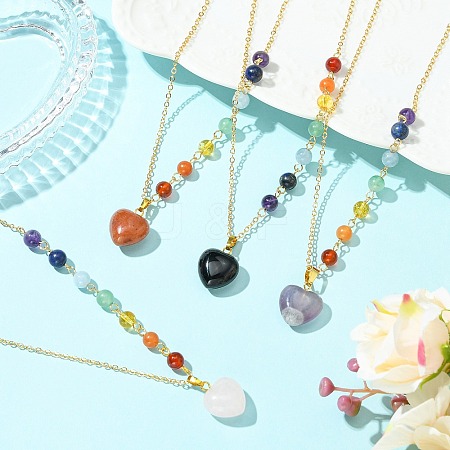 Chakra Natural Mixed Stone Heart Pendant Brass Cable Chain Necklaces for Women NJEW-JN06267-1