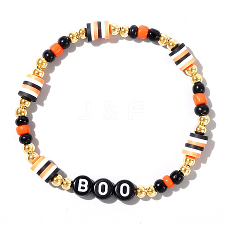 Adjustable Halloween Punk Style BOO Polymer Clay & Brass Stretch Beaded Bracelets in Black XD4553-4-1