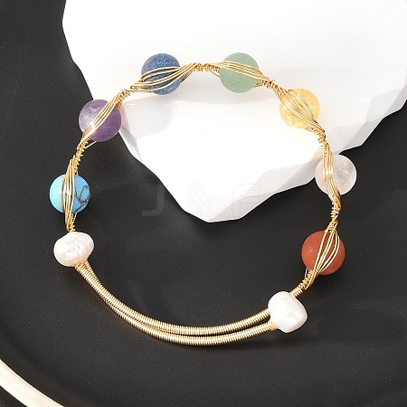 Round Mixed Gemstone Braided Bangle with Natural Pearl BJEW-JB08000-1