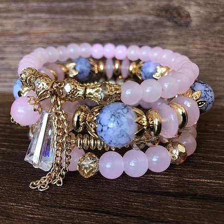 4Pcs 4 Styles Bohemian Style Alloy Glass Round Beaded Stretch Bracelets FS-WG80D8B-05-1