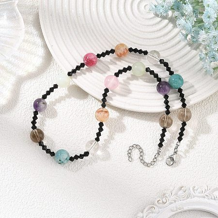 Round Natural Mixed Stone and Black Bicone Glass Beaded Necklaces for Women NJEW-TA00272-1