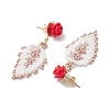 Rose with Leaf Seed Beads Stud Earrings EJEW-MZ00222-02-4