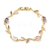 Brass Micro Pave Cubic Zirconia Oval & Leaf Link Chain Bracelets for Women BJEW-G764-05G-01-4
