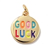 Flat Round with Word Good Luck Brass Enamel Pendants X-KK-G419-27G-2