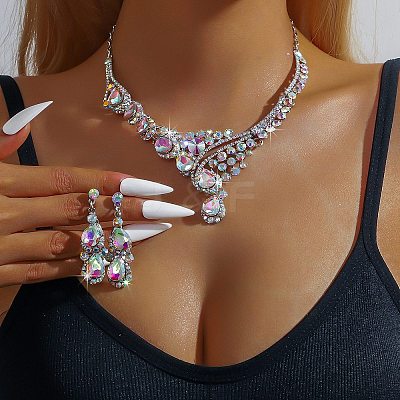 Teardrop Alloy Rhinestone Bib Necklaces & Stud Earring Sets for Women FS-WG2AA93-03-1
