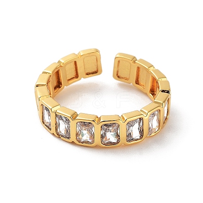 Rectangle Brass Micro Pave Cubic Zirconia Open Cuff Ring for Women RJEW-Z044-04G-03-1