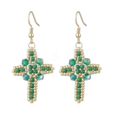 304 Stainless Steel Glass Seeds Cross Dangle Earrings EJEW-MZ00506-07-1