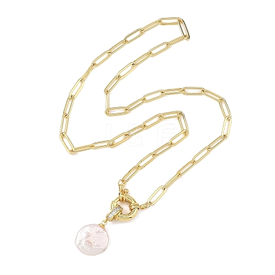 Natural Baroque Pearl Keshi Pearl Coin Pendant Brass Paperclip Chain Necklaces for Women NJEW-JN06143-1