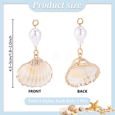 8Pcs 4 Styles Natural Spiral Shell Pendants and ABS Plastic Imitation Pearl Beads PALLOY-PH01748-1