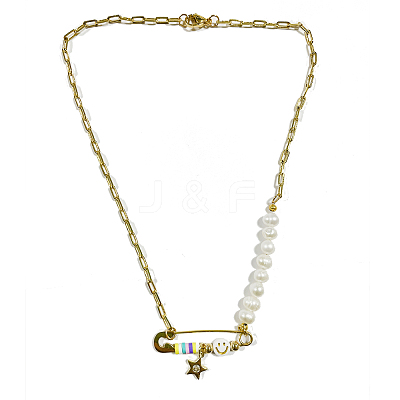 Smiling Face Star Safety Pin Pendant Necklace for Girl Women NJEW-SW00002-02-1