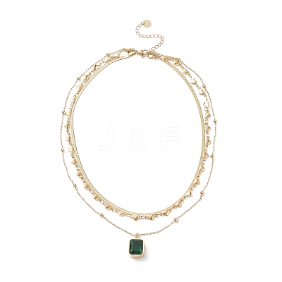 Green Glass Rectangle Charms Triple Layer Necklace NJEW-C036-08G-1