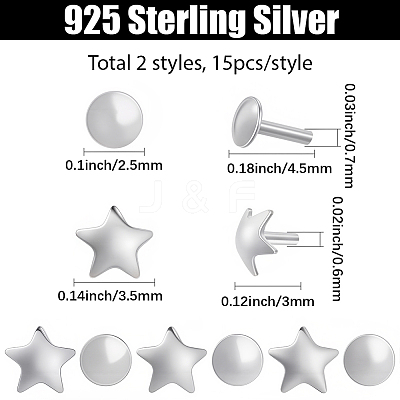 30Pcs 2 Styles 925 Sterling Silver Flat Head Pins STER-SC0001-70P-1