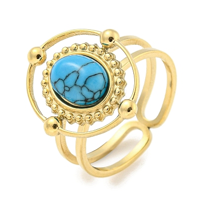 Ion Plating(IP) 304 Stainless Steel Synthetic Turquoise Cuff Rings G-Z056-04G-01-1