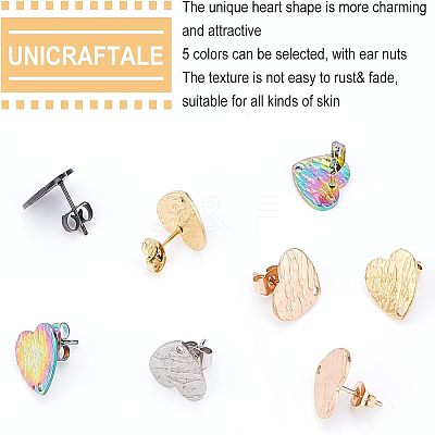 30Pcs 5 Colors Heart Shape with Textured PVD Vacuum Plating 304 Stainless Steel Stud Earring Findings EJEW-UN0001-62-1