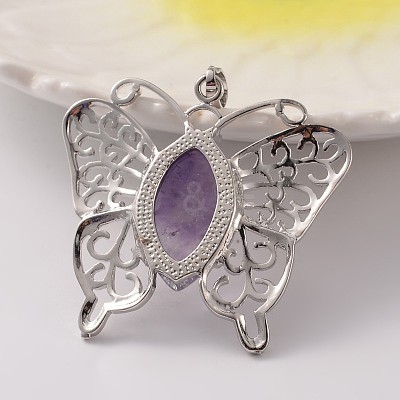 Butterfly Platinum Tone Brass Natural Amethyst Pendants G-M288-06-1