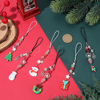 6Pcs 6 Styles Christmas Acrylic & Glass & Resin Mobile Straps HJEW-SC0002-97-1