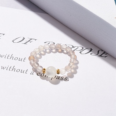 Natural Grey Agate Round Beaded Stretch Ring with Moonstone RJEW-JR00440-02-1