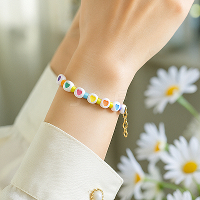 8Pcs 2 Colors Flat Round with Heart Acrylic Beads Bracelets for Women BJEW-HY0001-16-1