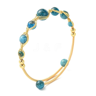 Herringbone Wire-Wrapped Natural Mixed Gemstone Brass Cuff Bangles BJEW-JB14039-1