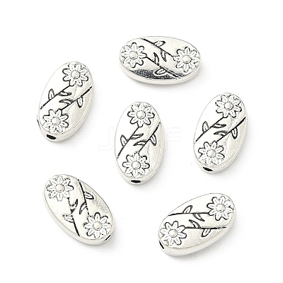 Oval with Flower Tibetan Style Alloy Beads X-TIBEB-1199-AS-LF-1