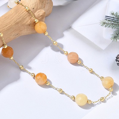 Natural Yellow Aventurine Faceted Flat Round Beaded Chain Necklaces with Matte Brass Beads GG-CBA37F5-01G-08-1