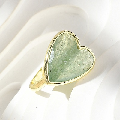 Heart Brass Natural Green Strawberry Quartz Finger Rings RJEW-D304-01G-C-1