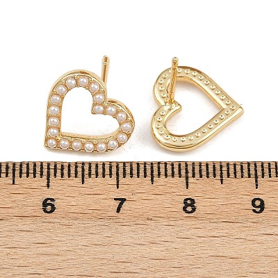 Brass ABS Plastic Pearl Hollow Heart Stud Earrings EJEW-L275-14G-04-1