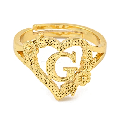 Heart with Letter & Flower Rack Plating Brass Adjustable Rings for Women RJEW-I105-05G-G-1