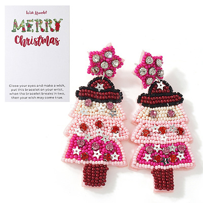 Christmas Tree with Star Handmade Glass Seed Beads Dangle Stud Earrings HU0349-13-1