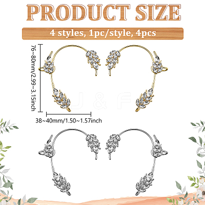 4Pcs 4 Styles Leaf Alloy Rhinestone Cuff Earrings EJEW-GO0002-29-1