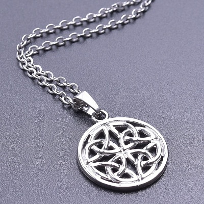 201 Stainless Steel Flat Round with Viking Knot Pendant Necklaces for Women Men FS-WGDB207-01-1