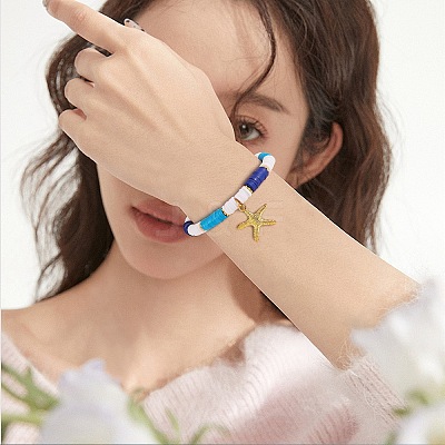 12Pcs 12 Style Handmade Polymer Clay Heisih Beaded Stretch Bracelets Set with Shell Starfish Charm BJEW-SW00035-1