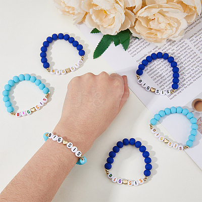 6Pcs 6 Color Word BIG SIS Acrylic & Polymer Clay & CCB Heart Beaded Stretch Bracelets Set BJEW-FI0001-53-1