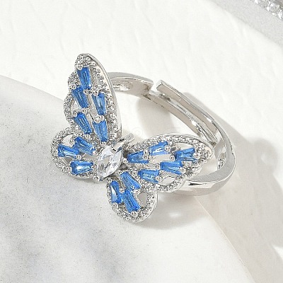 Adjustable Brass Butterfly Finger Rings with Light Blue Cubic Zirconia CU-CBA7E55-18P-02-1