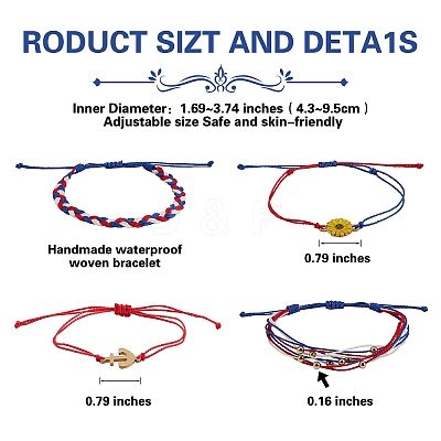 4Pcs 4 Style Flower & Anchor Braided Bead Bracelets Set BJEW-SW00040-1