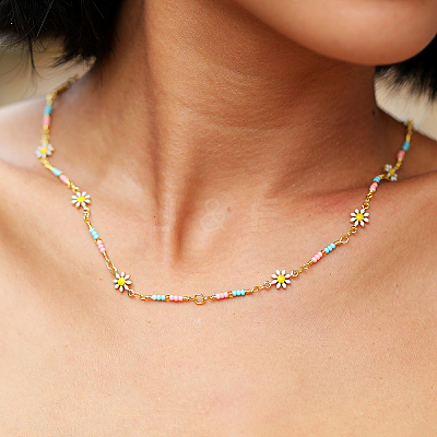 Bohemian Beach Vacation Brass Enamel Sunflower Handmade Link Chain Necklaces Women's Date Gift HM4276-1