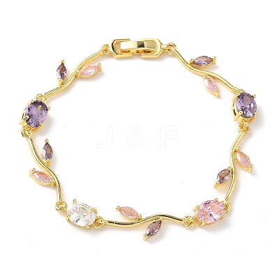 Brass Micro Pave Cubic Zirconia Oval & Leaf Link Chain Bracelets for Women BJEW-G764-05G-01-1