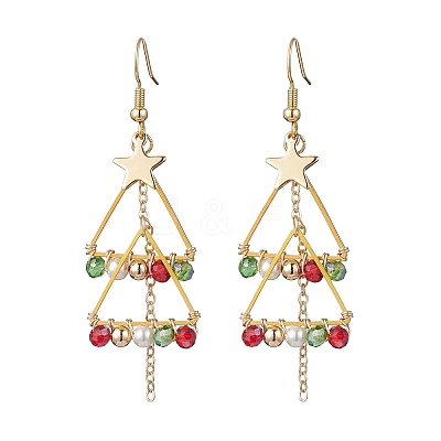 Brass Shell Pearl Bead Dangle Earrings EJEW-TA00670-1