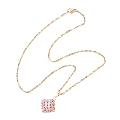 3Pcs 3 Colors Natural Rainbow Moonstone and Handmade Glass Beaded Rhombus Pendant 304 Stainless Steel Cable Chain Necklaces NJEW-MZ00124-1