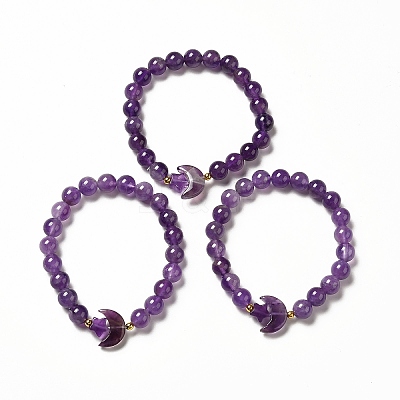 Natural Amethyst Moon and Star Beaded Stretch Bracelet for Women G-G997-C03-1