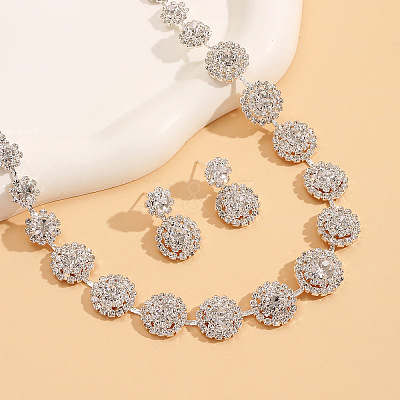 Flat Round Rhinestone Pendant Necklaces & Stud Dangle Earrings Sets WG2D6BD-01-1