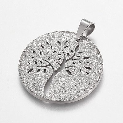 Non-Tarnish Trendy Flat Round with Tree Necklace Findings 304 Stainless Steel Textured Pendants X-STAS-L012-D09P-1