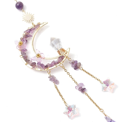 Wire Wrapped Natural Amethyst Chips Moon Hanging Ornaments HJEW-JM02621-02-1