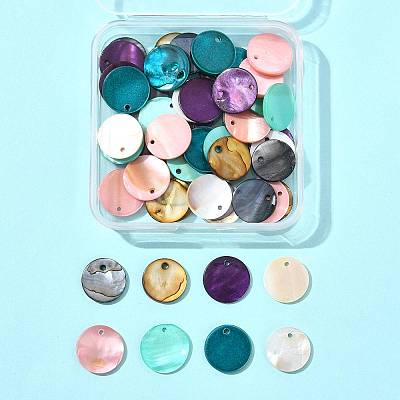 56Pcs 7 Colors Dyed Natural Flat Round Shell Pendants SHEL-FS0001-13-1