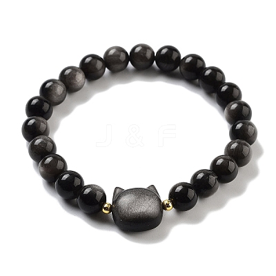 Round & Cat Head Natural Obsidian Beaded Stretch Bracelets for Women BJEW-K251-03F-1